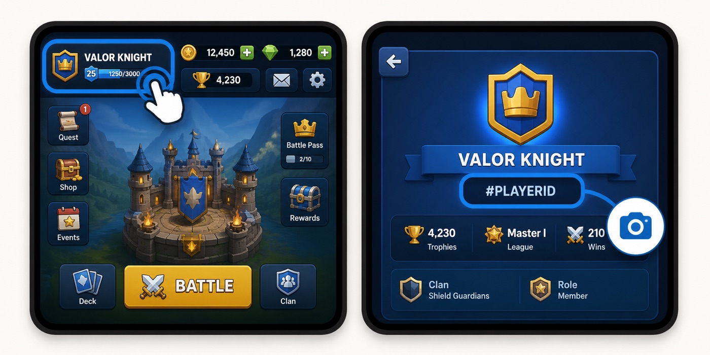 Illustrated guide: tap the player banner in the game lobby, then capture the profile card with the player ID visible.